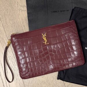 Saint Laurent Plum Crocodile Embossed Large Pouch Authentic